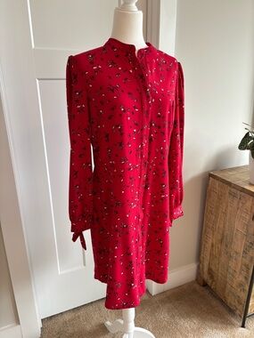 Banana Republic Red Long Sleeve Tie Floral Shirt Dress. Size 12